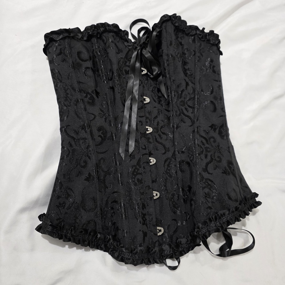 Boned‎ Corset Size Xs Black Floral Lace Over Bust Damask Ren Victorian Coquette